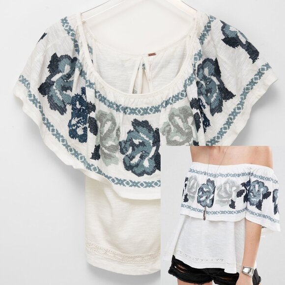 Free People To The Left Top Embroidered Off The Shoulder Ivory Blue Size XS NWT - Picture 1 of 8